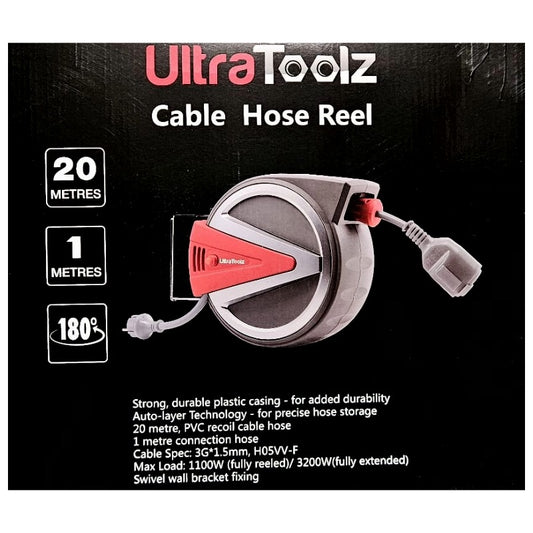 Ultratoolz Verlängerungskabeltrommel – 20 m, 230 V, 12 A, 180° drehbar