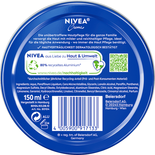 NIVEA Crème in blik 150 ml – achterkant verpakking – Purbesa Care