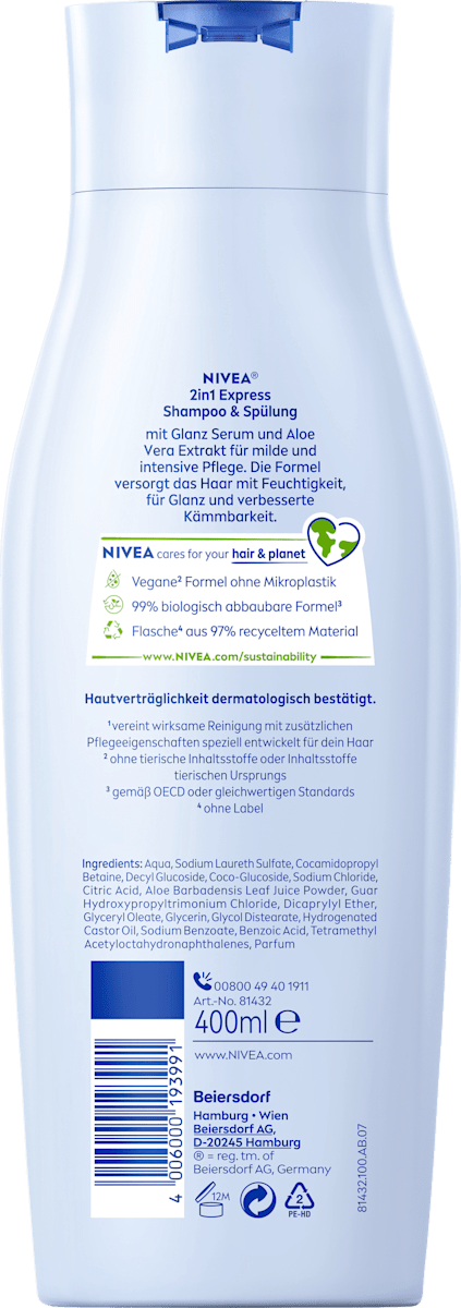 NIVEA Express 2-in-1 shampoo & conditioner – achterkant verpakking – Purbesa Care